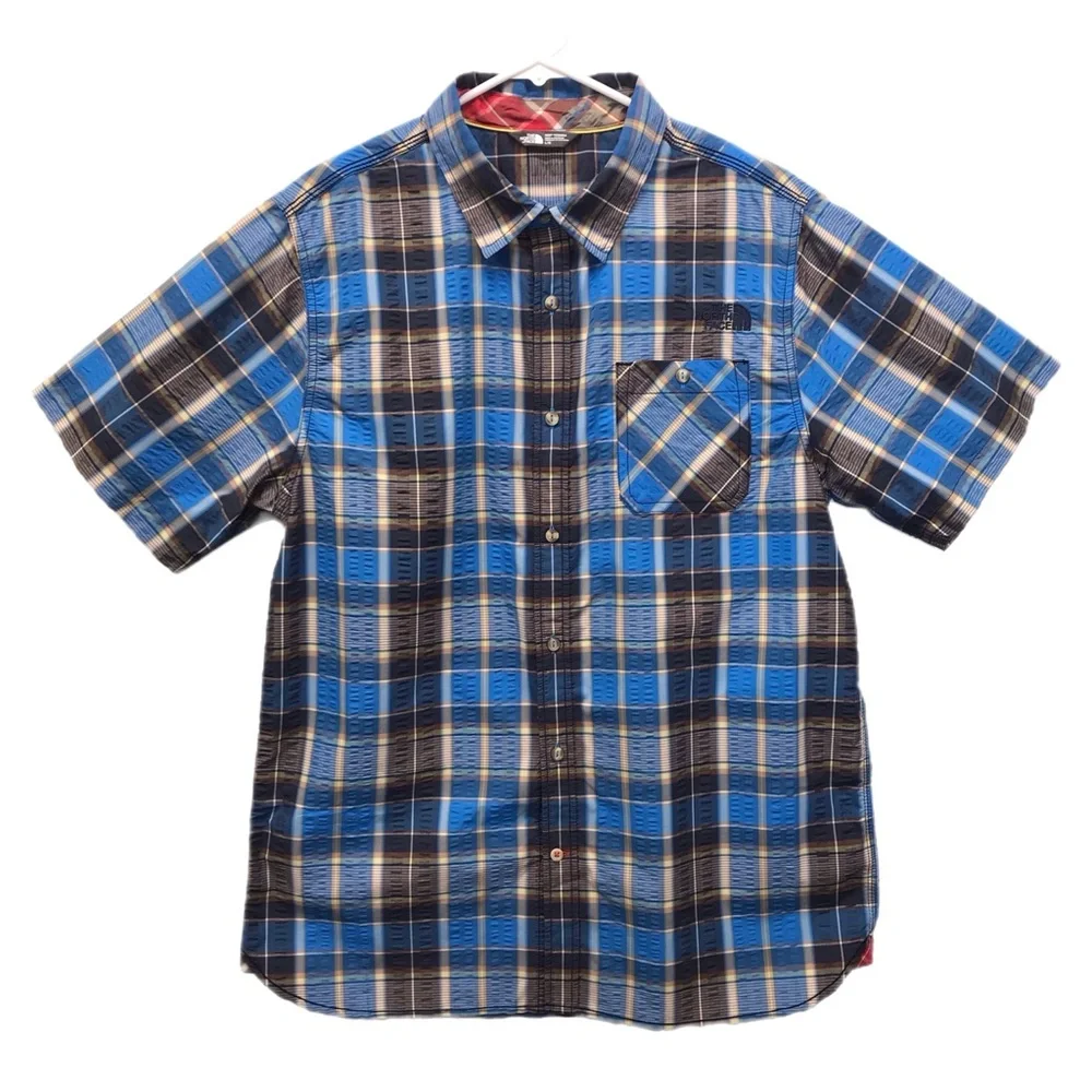 The North Face Shirt Mens‎ L Blue Plaid Short Sleeve Button Up Embroidered Logo.